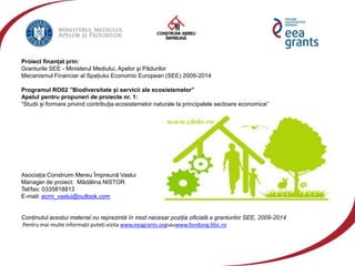Proiect finanțat prin:
Granturile SEE - Ministerul Mediului, Apelor şi Pădurilor
Mecanismul Financiar al Spațiului Economic European (SEE) 2009-2014
Programul RO02 ”Biodiversitate și servicii ale ecosistemelor”
Apelul pentru propuneri de proiecte nr. 1:
“Studii și formare privind contribuția ecosistemelor naturale la principalele sectoare economice”
Asociația Construim Mereu Împreună Vaslui
Manager de proiect: Mădălina NISTOR
Tel/fax: 0335818813
E-mail: acmi_vaslui@outlook.com
Conținutul acestui material nu reprezintă în mod necesar poziția oficială a granturilor SEE, 2009-2014
Pentru mai multe informații puteți vizita www.eeagrants.orgsauwww.fondong.fdsc.ro
 