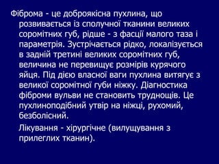 Фіброма - це доброякісна пухлина, що
розвивається із сполучної тканини великих
соромітних губ, рідше - з фасції малого таза і
параметрія. Зустрічається рідко, локалізується
в задній третині великих соромітних губ,
величина не перевищує розмірів курячого
яйця. Під дією власної ваги пухлина витягує з
великої соромітної губи ніжку. Діагностика
фіброми вульви не становить труднощів. Це
пухлиноподібний утвір на ніжці, рухомий,
безболісний.
Лікування - хірургічне (вилущування з
прилеглих тканин).
 