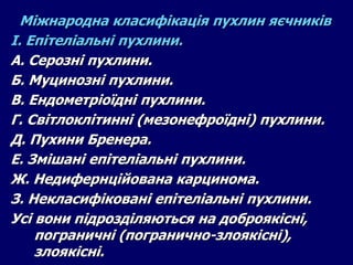 Міжнародна класифікація пухлин яєчників
І. Епітеліальні пухлини.
А. Серозні пухлини.
Б. Муцинозні пухлини.
В. Ендометріоїдні пухлини.
Г. Світлоклітинні (мезонефроїдні) пухлини.
Д. Пухини Бренера.
Е. Змішані епітеліальні пухлини.
Ж. Недифернційована карцинома.
З. Некласифіковані епітеліальні пухлини.
Усі вони підрозділяються на доброякісні,
пограничні (погранично-злоякісні),
злоякісні.
 