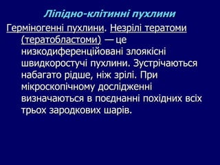 Ліпідно-клітинні пухлини
Герміногенні пухлини. Незрілі тератоми
(тератобластоми) — це
низкодиференційовані злоякісні
швидкоростучі пухлини. Зустрічаються
набагато рідше, ніж зрілі. При
мікроскопічному дослідженні
визначаються в поєднанні похідних всіх
трьох зародкових шарів.
 