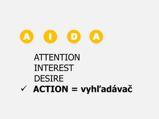 A I D A
ATTENTION
INTEREST
DESIRE
 ACTION = vyhľadávač
 