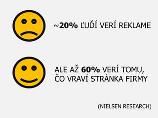 ~20% ĽUĎÍ VERÍ REKLAME
ALE AŽ 60% VERÍ TOMU,
ČO VRAVÍ STRÁNKA FIRMY
(NIELSEN RESEARCH)
 