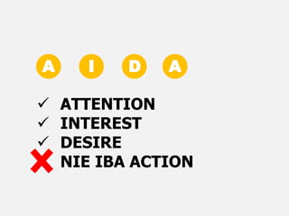 A I D A
 ATTENTION
 INTEREST
 DESIRE
 NIE IBA ACTION
 