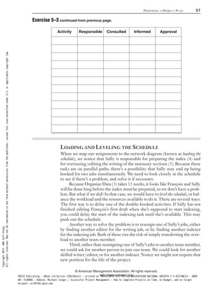 LOADING AND LEVELING THE SCHEDULE
When we map our assignments to the network diagram (known as loading the
schedule), we notice that Sally is responsible for preparing the index (4) and
for overseeing/editing the writing of the summary sections (5). Because these
tasks are on parallel paths, there’s a possibility that Sally may end up being
booked for two jobs simultaneously. We need to look closely at the schedule
to see if there’s a problem, and solve it if necessary.
Because Organize Data (3) takes 12 weeks, it looks like François and Sally
will be done long before the index must be prepared, so we don’t have a prob-
lem. But what if we did? In that case, we would have to level the schedule, or bal-
ance the workload and the resources available to do it. There are several ways.
The first way is to delay one of the double-booked activities. If Sally has not
finished editing François’s first draft when she’s supposed to start indexing,
you could delay the start of the indexing task until she’s available. This may
push out the schedule.
Another way to solve the problem is to reassign one of Sally’s jobs, either
by finding another editor for the writing job, or by finding another indexer
for the indexing job. Both of these run the risk of simply transferring the over-
load to another team member.
Third, rather than reassigning one of Sally’s jobs to another team member,
we could ask for another person to join our team. We could look for another
skilled writer/editor, or for another indexer. Notice we might not require that
new position for the life of the project.
Activity Responsible Consulted Informed Approval
PREPARING A PROJECT PLAN 85
© American Management Association. All rights reserved.
http://www.amanet.org/
Exercise 5–3 continued from previous page.
Copyright2015.AMASelf-Study.
Allrightsreserved.Maynotbereproducedinanyformwithoutpermissionfromthepublisher,exceptfairusespermittedunderU.S.orapplicablecopyrightlaw.
EBSCO Publishing : eBook Collection (EBSCOhost) - printed on 10/19/2019 3:57 PM via UNIVERSIDAD NACIONAL ABIERTA Y A DISTANCIA - UNAD
AN: 1520886 ; Dobson, Michael Singer.; Successful Project Management : How to Complete Projects on Time, on Budget, and on Target
Account: ns145102.main.eds
 