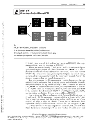 $150,000). Next, we crash Activity B, saving 3 weeks and $300,000. (Our proj-
ect expenditure, however, increased by $550,000.)
Before we start on Activity D, let’s go back and look at the critical path
again. In the original project, B D F = 32 weeks, and C E G = 28 weeks.
(We only count normal time for the initial calculation.) We’ve now crashed
B D F by a total of four weeks, meaning that both paths are now 28 weeks,
and critical! Even though there’s still the opportunity to crash Activity D,
doing so won’t speed up our completion any more.
But we’re not done yet. We can continue crashing, but now we have to
crash both paths at the same time to get any more schedule benefit. The only
crashable activity on the top route is Activity D, with a crash cost per week of
$165,000. Of the three noncritical activities, the cheapest to crash is Activity
E, at $50,000. There are two days in Activity E, so we only crash Activity D
by the same two days. It costs us $165,000 + $50,000 per week, or $215,000,
and we pick up another two days and save an additional $70,000.
Are we done yet? The next cheapest pair is Activity D (which is now 13,
8) and Activity G. The combined crash cost of these activities is $245,000.
This is very close to our limit. Depending on how confident we are of our
numbers, we might or might not take this. If we do, we can take another three
days out of Activity D and three out of Activity G for a net savings of $10,000.
Activity D still has two days of potential crash left, and Activity C has
three. But the cost of crashing both has now reached $265,000, above our
PREPARING A PROJECT PLAN 89
© American Management Association. All rights reserved.
http://www.amanet.org/
Key:
“11, 8” = Normal time, Crash time (in weeks)
$150 = Cost per week of crashing (in thousands)
Critical path activities in black; noncritical activities in gray
Value of early completion = $250,000 per week
xhibit 5–4
Crashing a Project Using CPM
Activity A
10, 5
$200
Activity B
11, 8
$150
Activity C
9, 6
$100
Activity D
15, 8
$165
Activity E
11, 9
$50
Activity F
6, 5
$100
Activity G
8, 5
$80
Activity H
5, 3
$260
Copyright2015.AMASelf-Study.
Allrightsreserved.Maynotbereproducedinanyformwithoutpermissionfromthepublisher,exceptfairusespermittedunderU.S.orapplicablecopyrightlaw.
EBSCO Publishing : eBook Collection (EBSCOhost) - printed on 10/19/2019 3:57 PM via UNIVERSIDAD NACIONAL ABIERTA Y A DISTANCIA - UNAD
AN: 1520886 ; Dobson, Michael Singer.; Successful Project Management : How to Complete Projects on Time, on Budget, and on Target
Account: ns145102.main.eds
 