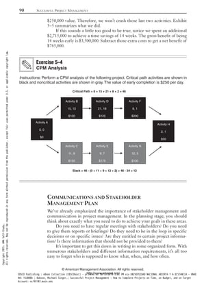 $250,000 value. Therefore, we won’t crash those last two activities. Exhibit
5–5 summarizes what we did.
If this sounds a little too good to be true, notice we spent an additional
$2,715,000 to achieve a time savings of 14 weeks. The gross benefit of being
14 weeks early is $3,500,000. Subtract those extra costs to get a net benefit of
$785,000.
Instructions: Perform a CPM analysis of the following project. Critical path activities are shown in
black and noncritical activities are shown in gray. The value of early completion is $250 per day.
COMMUNICATIONS AND STAKEHOLDER
MANAGEMENT PLAN
We’ve already emphasized the importance of stakeholder management and
communication in project management. In the planning stage, you should
think about exactly what you need to do to achieve your goals in these areas.
Do you need to have regular meetings with stakeholders? Do you need
to give them reports or briefings? Do they need to be in the loop in specific
decisions or on specific issues? Are they entitled to certain project informa-
tion? Is there information that should not be provided to them?
It’s important to get this down in writing in some organized form. With
numerous stakeholders and different information requirements, it’s all too
easy to forget who is supposed to know what, when, and how often.
Exercise 5–4
CPM Analysis
Activity A
0, 0
$0
Activity B
15, 10
$100
Activity D
21, 18
$125
Activity C
11, 9
$150
Activity E
9, 7
$175
Activity F
8, 1
$200
Activity G
12, 5
$100
Activity H
2, 1
$50
Critical Path = 0 + 15 + 21 + 8 + 2 = 46
Slack = 46 - (0 + 11 + 9 + 12 + 2) = 46 - 34 = 12
90 SUCCESSFUL PROJECT MANAGEMENT
© American Management Association. All rights reserved.
http://www.amanet.org/
Copyright2015.AMASelf-Study.
Allrightsreserved.Maynotbereproducedinanyformwithoutpermissionfromthepublisher,exceptfairusespermittedunderU.S.orapplicablecopyrightlaw.
EBSCO Publishing : eBook Collection (EBSCOhost) - printed on 10/19/2019 3:57 PM via UNIVERSIDAD NACIONAL ABIERTA Y A DISTANCIA - UNAD
AN: 1520886 ; Dobson, Michael Singer.; Successful Project Management : How to Complete Projects on Time, on Budget, and on Target
Account: ns145102.main.eds
 
