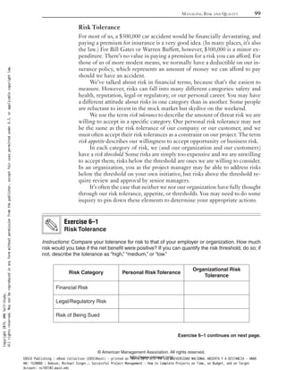 Risk Tolerance
For most of us, a $300,000 car accident would be financially devastating, and
paying a premium for insurance is a very good idea. (In many places, it’s also
the law.) For Bill Gates or Warren Buffett, however, $300,000 is a minor ex-
penditure. There’s no value in paying a premium for a risk you can afford. For
those of us of more modest means, we normally have a deductible on our in-
surance policy, which represents an amount of money we can afford to pay
should we have an accident.
We’ve talked about risk in financial terms, because that’s the easiest to
measure. However, risks can fall into many different categories: safety and
health, reputation, legal or regulatory, or our personal career. You may have
a different attitude about risks in one category than in another. Some people
are reluctant to invest in the stock market but skydive on the weekend.
We use the term risk tolerance to describe the amount of threat risk we are
willing to accept in a specific category. Our personal risk tolerance may not
be the same as the risk tolerance of our company or our customer, and we
must often accept their risk tolerances as a constraint on our project. The term
risk appetite describes our willingness to accept opportunity or business risk.
In each category of risk, we (and our organization and our customers)
have a risk threshold. Some risks are simply too expensive and we are unwilling
to accept them; risks below the threshold are ones we are willing to consider.
In an organization, you as the project manager may be able to address risks
below the threshold on your own initiative, but risks above the threshold re-
quire review and approval by senior managers.
It’s often the case that neither we nor our organization have fully thought
through our risk tolerance, appetite, or thresholds. You may need to do some
inquiry to pin down these elements to determine your appropriate actions.
Instructions: Compare your tolerance for risk to that of your employer or organization. How much
risk would you take if the net benefit were positive? If you can quantify the risk threshold, do so; if
not, describe the tolerance as “high,” “medium,” or “low.”
Exercise 6–1
Risk Tolerance
Risk Category Personal Risk Tolerance
Organizational Risk
Tolerance
Financial Risk
Legal/Regulatory Risk
Risk of Being Sued
MANAGING RISK AND QUALITY 99
© American Management Association. All rights reserved.
http://www.amanet.org/
Exercise 6–1 continues on next page.
Copyright2015.AMASelf-Study.
Allrightsreserved.Maynotbereproducedinanyformwithoutpermissionfromthepublisher,exceptfairusespermittedunderU.S.orapplicablecopyrightlaw.
EBSCO Publishing : eBook Collection (EBSCOhost) - printed on 10/19/2019 3:57 PM via UNIVERSIDAD NACIONAL ABIERTA Y A DISTANCIA - UNAD
AN: 1520886 ; Dobson, Michael Singer.; Successful Project Management : How to Complete Projects on Time, on Budget, and on Target
Account: ns145102.main.eds
 