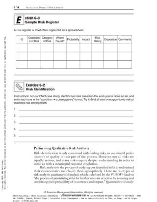 Instructions: For our PMO case study, identify five risks based on the work you’ve done so far, and
write each one in the “condition consequence” format.Try to find at least one opportunity risk or
business risk among them.
1. _________________________________________________________________________
2. _________________________________________________________________________
3. _________________________________________________________________________
4. _________________________________________________________________________
5. _________________________________________________________________________
Performing Qualitative Risk Analysis
Risk identification is only concerned with finding risks, so you should prefer
quantity to quality in that part of the process. However, not all risks are
equally serious, and many risks require deeper understanding in order to
come up with a meaningful response or solution.
Risk analysis is the process of studying our identified risks to understand
their characteristics and classify them appropriately. There are two types of
risk analysis: qualitative risk analysis, which is defined by the PMBOK® Guide as
“the process of prioritizing risks for further analysis or action by assessing and
combining their probability of occurrence and impact.” Quantitative risk analy-
Exercise 6–2
Risk Identification
104 SUCCESSFUL PROJECT MANAGEMENT
© American Management Association. All rights reserved.
http://www.amanet.org/
A risk register is most often organized as a spreadsheet.
xhibit 6–3
Sample Risk Register
ID
Descriptio
n of Risk
Category
of Risk
Where
Found?
Probability Impact
Risk
Rating
Disposition Comments
Copyright2015.AMASelf-Study.
Allrightsreserved.Maynotbereproducedinanyformwithoutpermissionfromthepublisher,exceptfairusespermittedunderU.S.orapplicablecopyrightlaw.
EBSCO Publishing : eBook Collection (EBSCOhost) - printed on 10/19/2019 3:57 PM via UNIVERSIDAD NACIONAL ABIERTA Y A DISTANCIA - UNAD
AN: 1520886 ; Dobson, Michael Singer.; Successful Project Management : How to Complete Projects on Time, on Budget, and on Target
Account: ns145102.main.eds
 