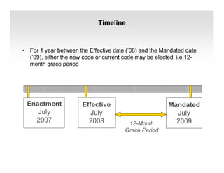 Timeline
• For 1 year between the Effective date (’08) and the Mandated date
(’09), either the new code or current code may be elected, i.e.12-
month grace period
Enactment
July
2007
Mandated
July
2009
Effective
July
2008 12-Month
Grace Period
 