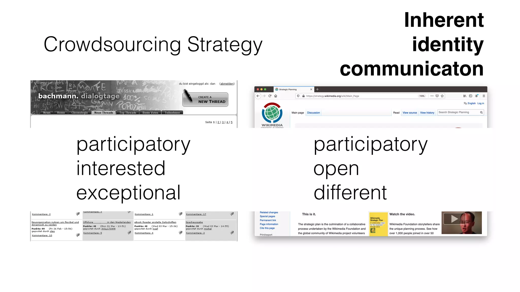 Crowdsourcing Strategy
The platform could then be further improved by putting the impact more in the fore-
ground and allowing an effective organization of discussions by impact factor.
Introduction of the DialogTage Project
FIGURE 1. Thread Overview
Democratizing Strategy: How Crowdsourcing Can Be Used for Strategy Dialogues
Inherent  
identity  
communicaton
participatory
interested
exceptional
participatory
open
different
 