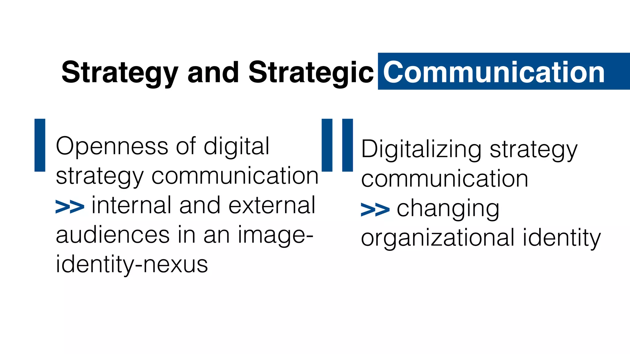 Quelle: David Lerner, https://en.wikipedia.org/wiki/File:Internet_troll.jpg, http://creativecommons.org/licenses/by-sa/3.0/
Strategy and Strategic Communication
Digitalizing strategy
communication
>> changing
organizational identity
IIIOpenness of digital
strategy communication
>> internal and external
audiences in an image-
identity-nexus
 