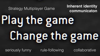 Strategy Multiplayer Game
Inherent identity  
communicaton
seriously funny rule-following collaborative
 