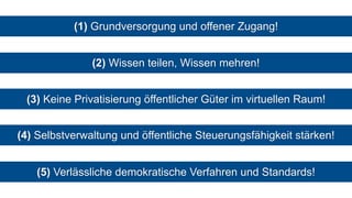 (1) Grundversorgung und offener Zugang!
(2) Wissen teilen, Wissen mehren!
(3) Keine Privatisierung öffentlicher Güter im virtuellen Raum!
(4) Selbstverwaltung und öffentliche Steuerungsfähigkeit stärken!
(5) Verlässliche demokratische Verfahren und Standards!
 