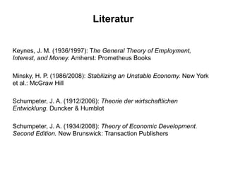 Literatur
Keynes, J. M. (1936/1997): The General Theory of Employment,
Interest, and Money. Amherst: Prometheus Books
Minsky, H. P. (1986/2008): Stabilizing an Unstable Economy. New York
et al.: McGraw Hill
Schumpeter, J. A. (1912/2006): Theorie der wirtschaftlichen
Entwicklung. Duncker & Humblot
Schumpeter, J. A. (1934/2008): Theory of Economic Development.
Second Edition. New Brunswick: Transaction Publishers
 