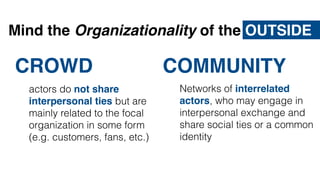 Quelle: David Lerner, https://en.wikipedia.org/wiki/File:Internet_troll.jpg, http://creativecommons.org/licenses/by-sa/3.0/
Mind the Organizationality of the OUTSIDE
CROWD
actors do not share
interpersonal ties but are
mainly related to the focal
organization in some form
(e.g. customers, fans, etc.)
Networks of interrelated
actors, who may engage in
interpersonal exchange and
share social ties or a common
identity
COMMUNITY
 