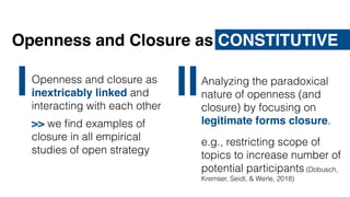 Quelle: David Lerner, https://en.wikipedia.org/wiki/File:Internet_troll.jpg, http://creativecommons.org/licenses/by-sa/3.0/
Openness and Closure as CONSTITUTIVE
Analyzing the paradoxical
nature of openness (and
closure) by focusing on
legitimate forms closure.
e.g., restricting scope of
topics to increase number of
potential participants (Dobusch,
Kremser, Seidl, & Werle, 2018)
IIIOpenness and closure as
inextricably linked and
interacting with each other
>> we ﬁnd examples of
closure in all empirical
studies of open strategy
 