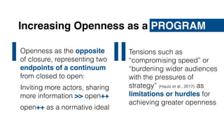 Quelle: David Lerner, https://en.wikipedia.org/wiki/File:Internet_troll.jpg, http://creativecommons.org/licenses/by-sa/3.0/
Increasing Openness as a PROGRAM
Tensions such as
“compromising speed” or
“burdening wider audiences
with the pressures of
strategy” (Hautz et al., 2017) as
limitations or hurdles for
achieving greater openness
II
IOpenness as the opposite
of closure, representing two
endpoints of a continuum
from closed to open:
Inviting more actors, sharing
more information >> open++
open++ as a normative ideal
 