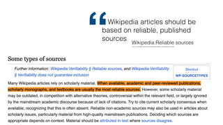 https://en.wikipedia.org/w/index.php?title=Wikipedia:Reliable_sources&oldid=1217325082
Wikipedia articles should be
based on reliable, published
sources Wikipedia:Reliable sources
“
 