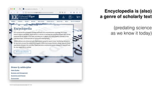 Encyclopedia is (also)
a genre of scholarly text
(predating science
as we know it today)
Screenshot: https://www.e-elgar.com/products/encyclopedia/ (April 8, 2024)
 