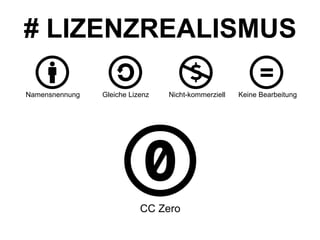 Namensnennung Gleiche Lizenz Nicht-kommerziell Keine Bearbeitung
# LIZENZREALISMUS
CC Zero
 