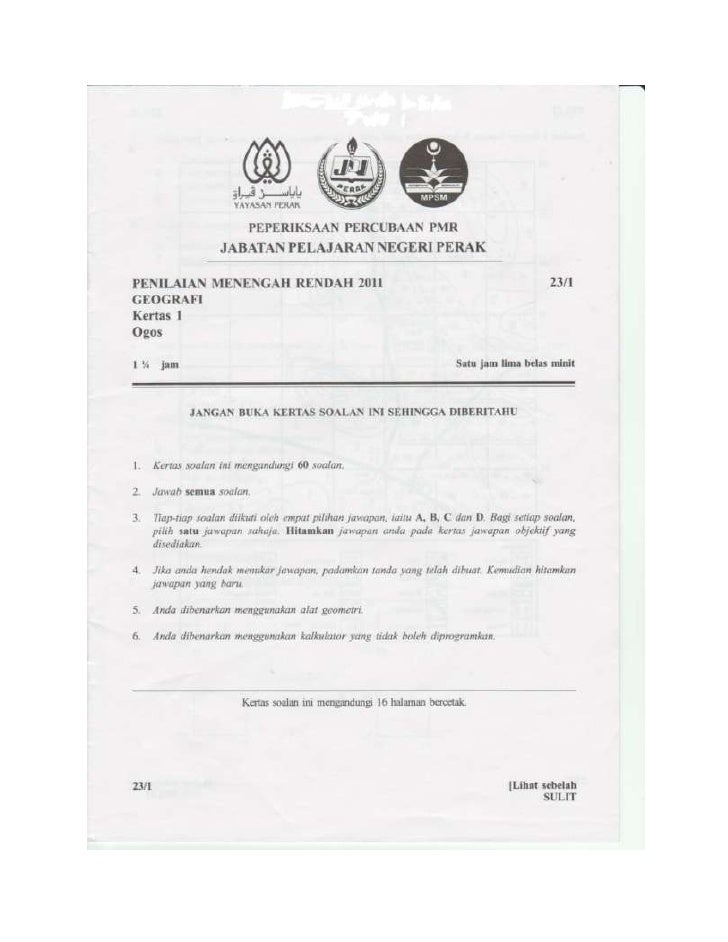 Soalan Geografi Percubaan PMR 2011 Perak