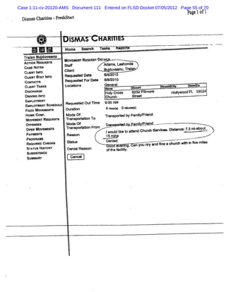 Case 1:11-cv-20120-AMS Document 111 Entered on FLSD Docket 07/05/2012 Page 55 of 70
                                                                                 Pa e1o 1
                                                                                   g f
 D. a ( 0 * -Fr s a t
  l s 71
  '
  =           e bst r



         ..              I AS
                         :M
               =       Home Seamh W sks               b 'e
                                                      Y''
                                                        '          --
  Tr anBu dW e
   ai j anu            M o- Er REQURSTDETAI
  A= oM REQUO TS       St
                        af                 M ams.Lashonda
  CASE NOTES           Gl
                        ient          '    Bu'
                                             duveanu,TO i
                                                        a
  CtEr I
    l NFO
        ST I O
          AY NF        Reqto t Dat
                           l ed B          &W 010
  CuehT
  GoxTA=               Request FX Dat
                              e     e      &8Q 01Q
  cuexmTAsxs           Locatons
                            i              General      SPR M             U*      WYX
                                               Nan-
   Dl l
    sclARoe                                    Hol cr
                                                 y oss       6232 Rlmor
                                                                   l e     Hol
                                                                             lywood. 33024
                                                                                   FL
   Dv so INFO                                  Churoh        w eet
   EMpb EN'
       oo r           Request Outm me
                            ed                 9: m
                                                 00
   EMPLOYMENTSCHEDULE
   FmEo MoveMEr a     Due on                    4 Ho rs 0 Vn t l
                                                    utl     ue
   HoMecou .
          F            Mo of
                         de                    Tr s ore w ga yyr d
                                                an p td     mg / e
   MOVE T Re
       M>     ouelTs   Transpoe ton To
                                 i
   oppsNsss            Mode Of                            ami m ren
                                                                 i       .
   OpEN M o- er s      TO nSPO* 5On PO m                                         7 a mkax kt
                                                                                      - j
   P                                           I d Ik t ae nd Chur SeM M 'DO no : ' --- --
                                                woul ie o         Gh            -           .
    Ao em               neason                 % js
                                                5                                         > ,
                                           -
   PROGM MS
   REQUI CHECM
        RED             SGYY                   Dfzl
                                                  od
                                                          CanyO I a 5n 8O UO wo j w e m g
                                                               u W nd e         s        es
   S      HITORY
            S           oeni Reason
                           al                   00 W M X '
    TATUS                                      oft f .y
                                                 he adlt.
                                                       l
   SUBSI ENGE
        ST
   SUMMARY               CZNCd
 