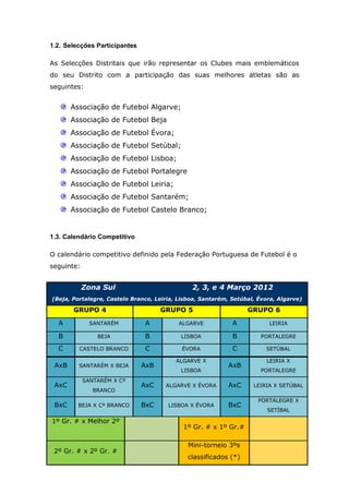 1.2. Selecções Participantes

As Selecções Distritais que irão representar os Clubes mais emblemáticos
do seu Distrito com a participação das suas melhores atletas são as
seguintes:


       Associação de Futebol Algarve;
       Associação de Futebol Beja
       Associação de Futebol Évora;
       Associação de Futebol Setúbal;
       Associação de Futebol Lisboa;
       Associação de Futebol Portalegre
       Associação de Futebol Leiria;
       Associação de Futebol Santarém;
       Associação de Futebol Castelo Branco;


1.3. Calendário Competitivo

O calendário competitivo definido pela Federação Portuguesa de Futebol é o
seguinte:


            Zona Sul                           2, 3, e 4 Março 2012
(Beja, Portalegre, Castelo Branco, Leiria, Lisboa, Santarém, Setúbal, Évora, Algarve)

       GRUPO 4                       GRUPO 5                      GRUPO 6

  A           SANTARÉM         A           ALGARVE           A           LEIRIA

  B             BEJA           B           LISBOA            B        PORTALEGRE

  C      CASTELO BRANCO        C            ÉVORA            C          SETÚBAL

                                          ALGARVE X                     LEIRIA X
 AxB     SANTARÉM X BEJA       AxB                         AxB
                                           LISBOA                     PORTALEGRE
            SANTARÉM X Cº
 AxC                           AxC    ALGARVE X ÉVORA      AxC      LEIRIA X SETÚBAL
               BRANCO
                                                                      PORTALEGRE X
 BxC     BEJA X Cº BRANCO      BxC     LISBOA X ÉVORA      BxC
                                                                         SETÍBAL

1º Gr. # x Melhor 2º
                                            1º Gr. # x 1º Gr.#

                                              Mini-torneio 3ºs
 2º Gr. # x 2º Gr. #
                                              classificados (*)
 