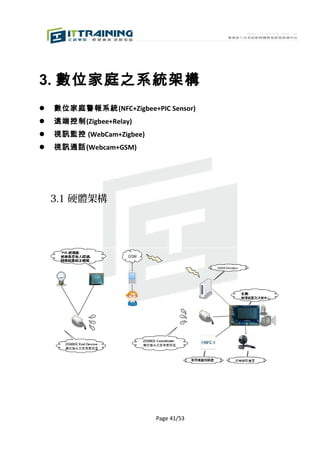 3. 數位家庭之系統架構
   數位家庭警報系統(NFC+Zigbee+PIC Sensor)
   遠端控制(Zigbee+Relay)
   視訊監控 (WebCam+Zigbee)
   視訊通話(Webcam+GSM)




    3.1 硬體架構




                           Page 41/53
 