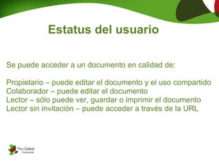 Estatus del usuario

Se puede acceder a un documento en calidad de:

Propietario – puede editar el documento y el uso compartido
Colaborador – puede editar el documento
Lector – sólo puede ver, guardar o imprimir el documento
Lector sin invitación – puede acceder a través de la URL
 
