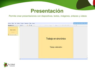Presentación
Permite crear presentaciones con diapositivas, textos, imágenes, enlaces y videos
 