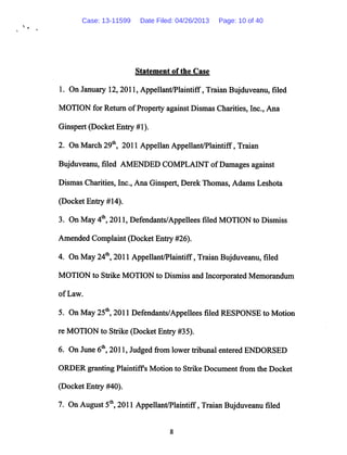 Statement of the Case
1. On January 12,2011, Appellant/Plaintiff, Traian Bujduveanu, filed
MOTION for Return ofProperty against Dismas Charities, Inc., Ana
Ginspert (Docket Entry #1).
2. On March 29th, 2011 Appellan Appellant/Plaintiff, Traian
Bujduveanu, filed AMENDED COMPLAINT ofDamagesagainst
Dismas Charities, Inc., Ana Ginspert, Derek Thomas, Adams Leshota
(Docket Entry #14).
3. On May 4th, 2011, Defendants/Appellees filed MOTION to Dismiss
Amended Complaint (Docket Entry #26).
4. On May 24th, 2011 Appellant/Plaintiff, Traian Bujduveanu, filed
MOTION to Strike MOTION to Dismiss and Incorporated Memorandum
of Law.
5. On May 25th, 2011 Defendants/Appellees filed RESPONSE to Motion
re MOTION to Strike (Docket Entry #35).
6. On June 6th, 2011, Judged from lower tribunal entered ENDORSED
ORDER granting Plaintiffs Motion to Strike Document from the Docket
(Docket Entry #40).
7. On August 5th, 2011 Appellant/Plaintiff, Traian Bujduveanu filed
Case: 13-11599 Date Filed: 04/26/2013 Page: 10 of 40
 