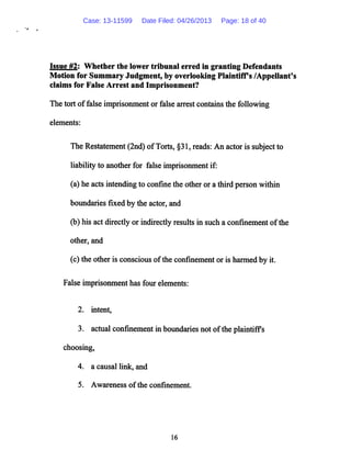 Issue #2; Whether the lower tribunal erred in granting Defendants
Motion for Summary Judgment, by overlooking Plaintiffs /Appellant's
claims for False Arrest and Imprisonment?
The tort offalse imprisonment or false arrest contains the following
elements:
The Restatement (2nd) ofTorts, §31,reads: An actor is subject to
liability to another for false imprisonment if:
(a) he acts intending to confine the other or a third person within
boundaries fixed by the actor, and
(b) his act directly or indirectly results in such a confinement ofthe
other, and
(c) the other is conscious ofthe confinementor is harmed by it.
False imprisonment has four elements:
2. intent,
3. actual confinement in boundaries not ofthe plaintiffs
choosing,
4. a causal link, and
5. Awareness of the confinement.
16
Case: 13-11599 Date Filed: 04/26/2013 Page: 18 of 40
 