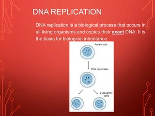 DNA REPLICATION
DNA replication is a biological process that occurs in
all living organisms and copies their exact DNA. It is
the basis for biological inheritance.
 