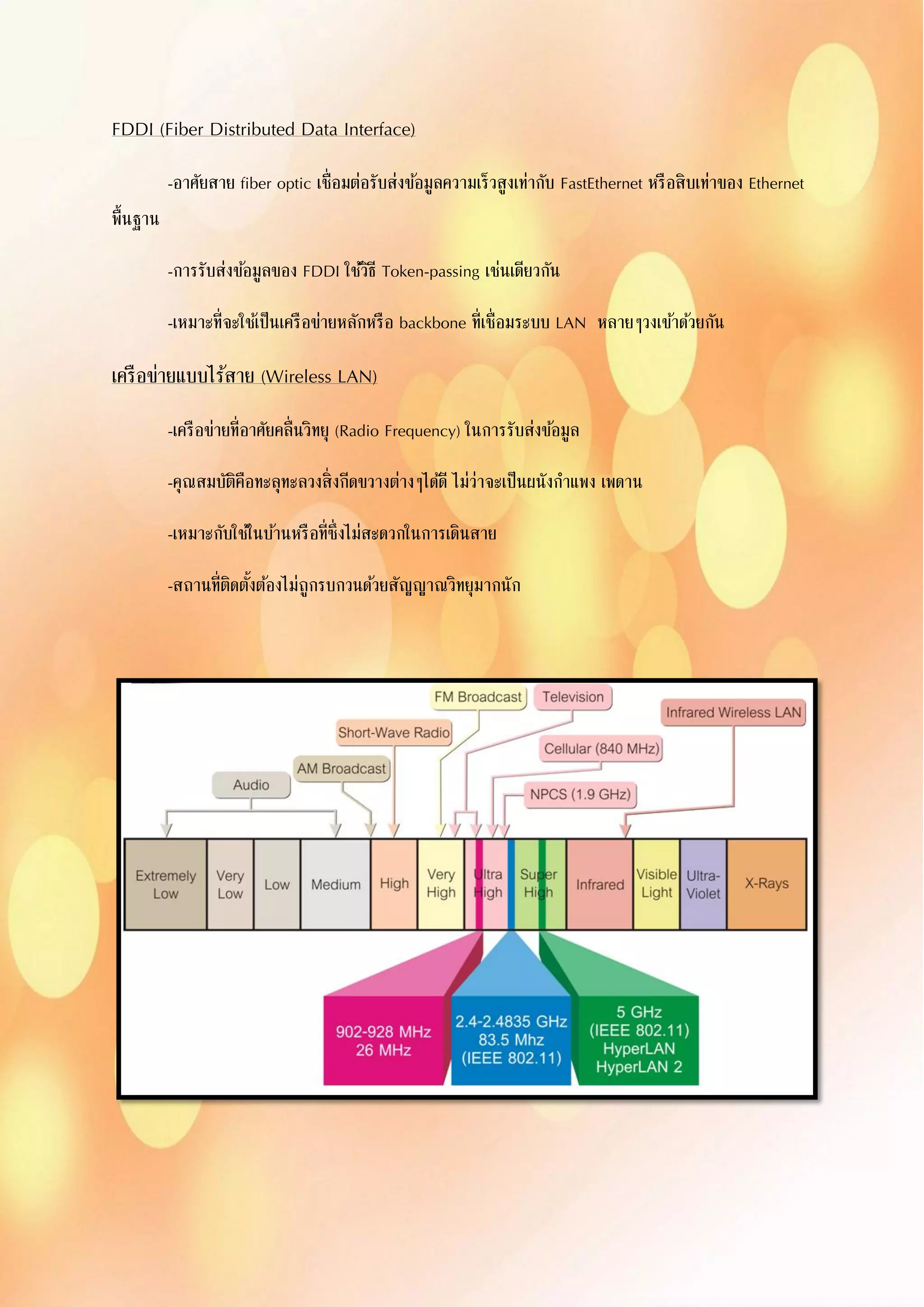 FDDI (Fiber Distributed Data Interface)
-อาศัยสาย fiber optic เชื่อมต่อรับส่งข้อมูลความเร็วสูงเท่ากับ FastEthernet หรือสิบเท่าของ Ethernet
พื้นฐาน
-การรับส่งข้อมูลของ FDDI ใช้วิธี Token-passing เช่นเดียวกัน
-เหมาะที่จะใช้เป็นเครือข่ายหลักหรือ backbone ที่เชื่อมระบบ LAN หลายๆวงเข้าด้วยกัน
เครือข่ายแบบไร้สาย (Wireless LAN)
-เครือข่ายที่อาศัยคลื่นวิทยุ (Radio Frequency) ในการรับส่งข้อมูล
-คุณสมบัติคือทะลุทะลวงสิ่งกีดขวางต่างๆได้ดี ไม่ว่าจะเป็นผนังกาแพง เพดาน
-เหมาะกับใช้ในบ้านหรือที่ซึ่งไม่สะดวกในการเดินสาย
-สถานที่ติดตั้งต้องไม่ถูกรบกวนด้วยสัญญาณวิทยุมากนัก
 
