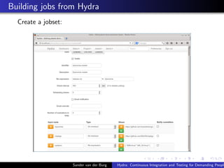 Building jobs from Hydra
Create a jobset:
Sander van der Burg Hydra: Continuous Integration and Testing for Demanding Peop...