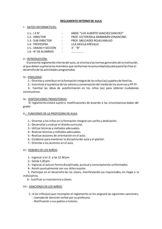 REGLAMENTO INTERNO DE AULA
I.- DATOS INFORMATIVOS:
1.1.- I.E N° : 64020 “LUIS ALBERTO SANCHEZSANCHEZ”
1.2.- DIRECTOR : PROF.VICTORRAUL BARBARÁN VENANCINO.
1.3.- SUB-DIRECTOR : PROF.MELCIADES ROJASARAUJO
1.4.- PROFESPRA : LILA DAVILA ARÉVALO
1.5.- GRADO Y SECCIÓN : 3° “B”
1.6.- N° DE ALUMNOS : ………………
II.- INTRODUCCIÓN:
El presente reglamentointernodel aula,se orientaalasnormasgeneralesde lainstitución,
al que debensujetarselosmiembrosque conformanlacomunidadeducativaparafacilitarel
desarrollode lasactividadesprogramadas.
III.- FINALIDAD:
1.- Orientary contribuirenlaformaciónintegral de losniños(as) ypadresde familias.
2.- Incentivara lapráctica de los valoresyconservacióndel mediode losalumnosyPP.FF.
3.- Facilitar las ideas de autoformación en los niños (as) para obtener ciudadanos
constructivos.
IV.- DISPOSICIONES TRANSITORIAS:
El reglamento estará sujeto a modificaciones de acuerdo a las circunstancias dadas del
grado.
V.- FUNCIONES DE LA PROFESORA DE AULA:
1.- Orientar a los niños en la formación integral con cariño y dedicación.
2.- Desarrollar y evaluar el diseño curricular.
3.- Utilizar técnicas y métodos adecuados.
4.- Realizar técnicas y métodos adecuados.
5.- Realizar acciones de orientación en el aula.
6.- Colaborar para mantener la disciplina del aula y el plantel.
7.- Orientar a los alumnos en el aula.
VI.- DEBERES DE LOS NIÑOS:
1.- Ingresar a la I.E. a las 12.30 pm.
2.- Salida 5.20 pm.
3.- Ingresar al aula en forma disciplinada, puntual y correctamente uniformados.
4.- Asistir puntualmente con sus útiles escolar.
5. Participar en el desarrollo de las clases, manifestando sus inquietudes, sin llegar a la
indisciplina.
6.- Justificar su inasistencia a clases.
VII.- SANCIONES DE LOS NIÑOS:
1.- A los niños(as) que incumplan el reglamento se les asignará las siguientes sanciones;
- Llamada de atención verbal por su profesora.
- Notificación a sus padres o tutores.
 