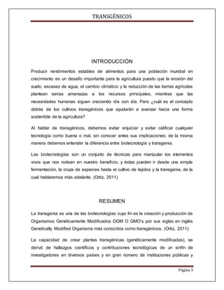TRANSGÉNICOS
Página 3
INTRODUCCIÓN
Producir rendimientos estables de alimentos para una población mundial en
crecimiento es un desafío importante para la agricultura puesto que la erosión del
suelo, escasez de agua, el cambio climático y la reducción de las tierras agrícolas
plantean serias amenazas a los recursos principales, mientras que las
necesidades humanas siguen creciendo día con día. Pero ¿cuál es el concepto
detrás de los cultivos transgénicos que ayudarán a avanzar hacia una forma
sostenible de la agricultura?
Al hablar de transgénicos, debemos evitar enjuiciar y evitar calificar cualquier
tecnología como buena o mal, sin conocer antes sus implicaciones; de la misma
manera debemos entender la diferencia entre biotecnología y transgenia.
Las biotecnologías son un conjunto de técnicas para manipular los elementos
vivos que nos rodean en nuestro beneficio; y éstas pueden ir desde una simple
fermentación, la cruza de especies hasta el cultivo de tejidos y la transgenia, de la
cual hablaremos más adelante. (Ortiz, 2011)
RESUMEN
La transgenia es una de las biotecnologías cuyo fin es la creación y producción de
Organismos Genéticamente Modificados OGM O GMO’s por sus siglas en inglés
Genetically Modified Organisms más conocidos como transgénicos. (Ortiz, 2011)
La capacidad de crear plantas transgénicas (genéticamente modificadas), se
derivó de hallazgos científicos y contribuciones tecnológicas de un sinfín de
investigadores en diversos países y en gran número de instituciones públicas y
 