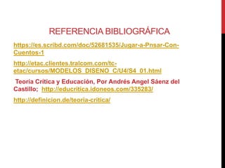 REFERENCIA BIBLIOGRÁFICA
https://es.scribd.com/doc/52681535/Jugar-a-Pnsar-Con-
Cuentos-1
http://etac.clientes.tralcom.com/tc-
etac/cursos/MODELOS_DISENO_C/U4/S4_01.html
Teoría Crítica y Educación, Por Andrés Angel Sáenz del
Castillo; http://educritica.idoneos.com/335283/
http://definicion.de/teoria-critica/
 
