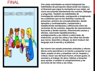 Con estas actividades se estará trabajando las
habilidades de percepción observando los mapas y
el itinerario que sigue la mariquita en sus viajes, así
como escuchando atentamente los cuentos, diálogos
y preguntas. También las habilidades de
investigación adivinando, averiguando e imaginando
las cuestiones que en los distintos cuentos se
presentan: primero de conceptualización, dando
ejemplos y contraejemplos, comparando y
estableciendo semejanzas y diferencias entre las
versiones de los cuentos; segundo de razonamiento,
buscando y dando razones, relacionando causas y
efectos, razonando hipotéticamente y
analógicamente y, por último y sobre todo, de
traducción, ya que los niños y las niñas han tenido
que narrar, describir y dibujar, es decir traducir del
lenguaje oral al escrito y al plástico.
Así mismo han estado presentes actitudes y valores
éticos como percibirse a sí mismo y proyectar un yo
ideal, aceptar al otro y empatizar con él, respetar y
criticar, hacer uso del buen humor, el buen gusto, la
amistad y el trabajo. Es decir, hábitos a fomentar
para ayudar a cambiar el comportamiento y las
acciones de los niños y las niñas.
FINAL
 