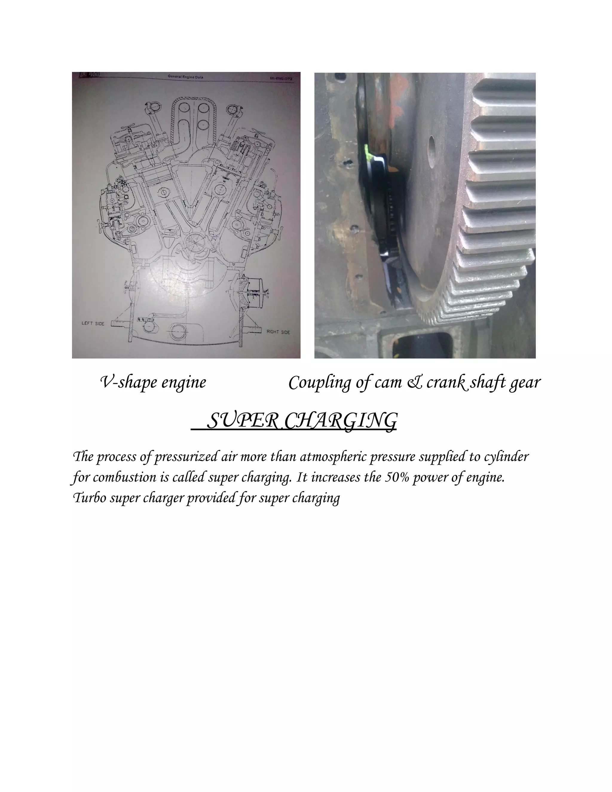 V-shape engine Coupling of cam & crank shaft gear
SUPER CHARGING
The process of pressurized air more than atmospheric pressure supplied to cylinder
for combustion is called super charging. It increases the 50% power of engine.
Turbo super charger provided for super charging
 