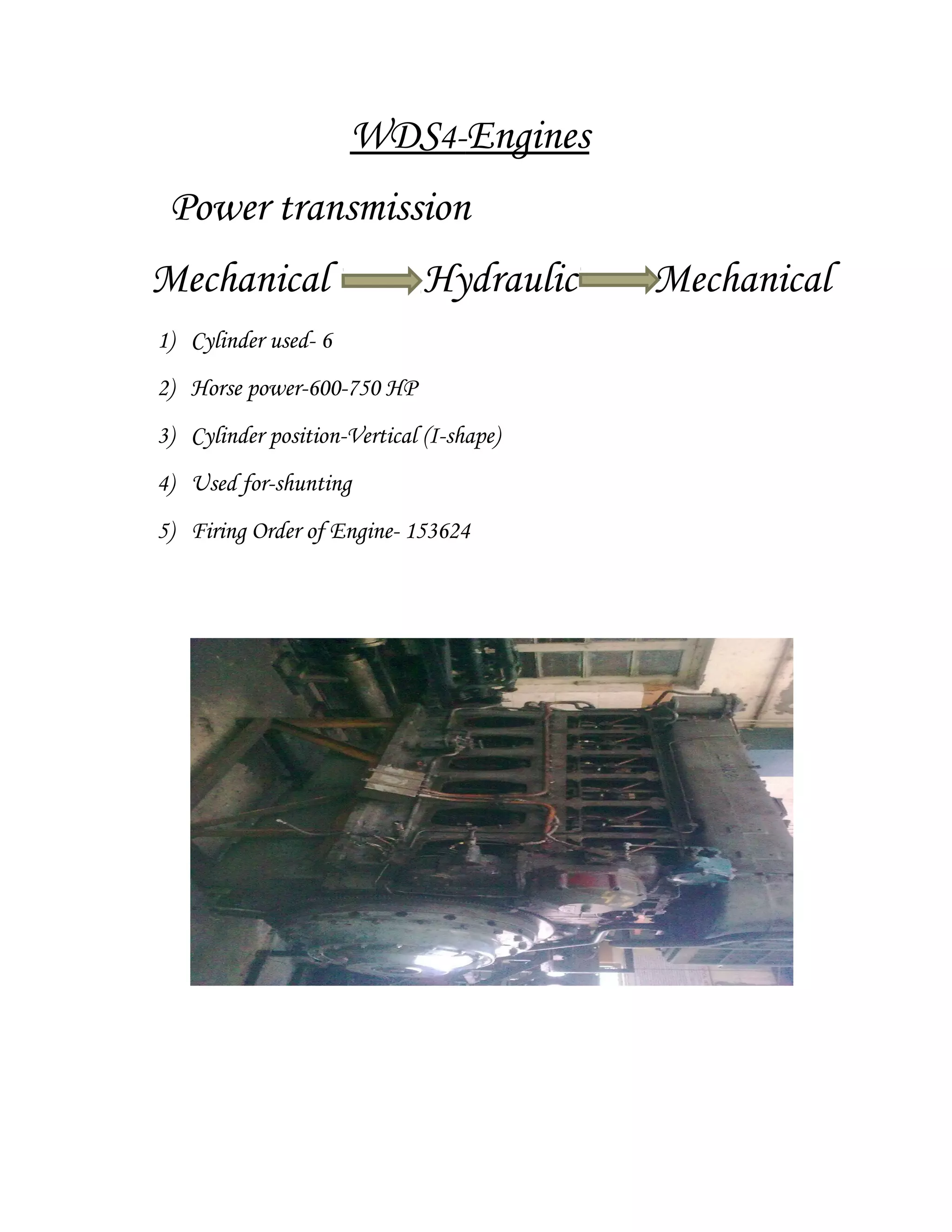 WDS4-Engines
Power transmission
Mechanical Hydraulic Mechanical
1) Cylinder used- 6
2) Horse power-600-750 HP
3) Cylinder position-Vertical (I-shape)
4) Used for-shunting
5) Firing Order of Engine- 153624
 