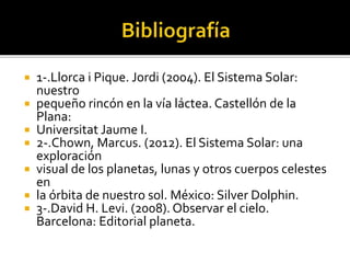  1-.Llorca i Pique. Jordi (2004). El Sistema Solar:
nuestro
 pequeño rincón en la vía láctea. Castellón de la
Plana:
 Universitat Jaume I.
 2-.Chown, Marcus. (2012). El Sistema Solar: una
exploración
 visual de los planetas, lunas y otros cuerpos celestes
en
 la órbita de nuestro sol. México: Silver Dolphin.
 3-.David H. Levi. (2008). Observar el cielo.
Barcelona: Editorial planeta.
 
