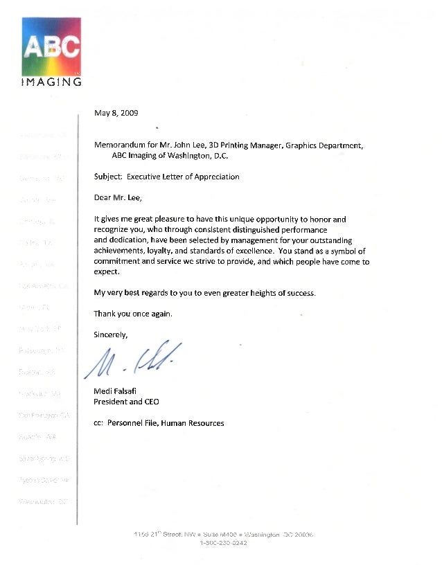 Executive Letter Of Appreciation From CEO Of ABC Imaging