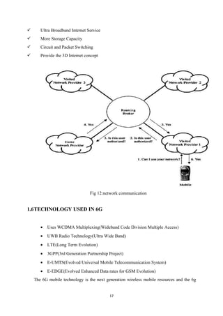  Ultra Broadband Internet Service
 More Storage Capacity
 Circuit and Packet Switching
 Provide the 3D Internet concept
Fig 12:network communication
1.6TECHNOLOGY USED IN 6G
• Uses WCDMA Multiplexing(Wideband Code Division Multiple Access)
• UWB Radio Technology(Ultra Wide Band)
• LTE(Long Term Evolution)
• 3GPP(3rd Generation Partnership Project)
• E-UMTS(Evolved Universal Mobile Telecommunication System)
• E-EDGE(Evolved Enhanced Data rates for GSM Evolution)
The 6G mobile technology is the next generation wireless mobile resources and the 6g
17
 