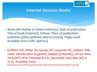  Book with Author or Editor Author(s). Date of publication.
Title of book [Internet]. Edition. Place of publication:
publisher; [date updated; date accessed]. Pages used.
Available from: (URL address)
 Griffiths AJF, Miller JH, Suzuki, DT, Lewontin RC, Gelbart WM.
2000. Introduction to genetic analysis [Internet]. 7th ed. New
York (NY): W.H. Freeman & Co.; [accessed 2005 May 30]. p.
15-25. Available from:
http://www.ncbi.nlm.nih.gov/books/bv.fcgi?call=bv.ViewShowTOC&rid=iga.TOC
Internet Sources: Books
 