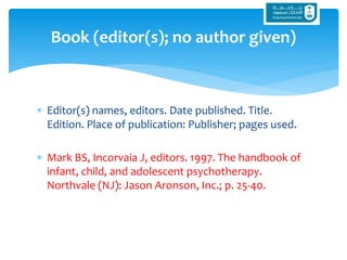  Editor(s) names, editors. Date published. Title.
Edition. Place of publication: Publisher; pages used.
 Mark BS, Incorvaia J, editors. 1997. The handbook of
infant, child, and adolescent psychotherapy.
Northvale (NJ): Jason Aronson, Inc.; p. 25-40.
Book (editor(s); no author given)
 