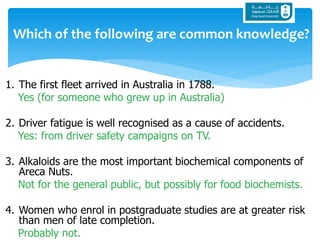 1. The first fleet arrived in Australia in 1788.
Yes (for someone who grew up in Australia)
2. Driver fatigue is well recognised as a cause of accidents.
Yes: from driver safety campaigns on TV.
3. Alkaloids are the most important biochemical components of
Areca Nuts.
Not for the general public, but possibly for food biochemists.
4. Women who enrol in postgraduate studies are at greater risk
than men of late completion.
Probably not.
Which of the following are common knowledge?
 