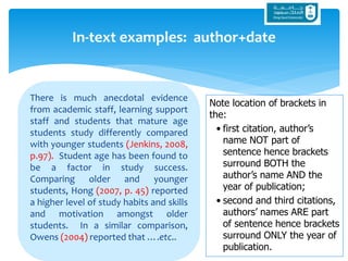There is much anecdotal evidence
from academic staff, learning support
staff and students that mature age
students study differently compared
with younger students (Jenkins, 2008,
p.97). Student age has been found to
be a factor in study success.
Comparing older and younger
students, Hong (2007, p. 45) reported
a higher level of study habits and skills
and motivation amongst older
students. In a similar comparison,
Owens (2004) reported that ….etc..
In-text examples: author+date
Note location of brackets in
the:
• first citation, author’s
name NOT part of
sentence hence brackets
surround BOTH the
author’s name AND the
year of publication;
• second and third citations,
authors’ names ARE part
of sentence hence brackets
surround ONLY the year of
publication.
 