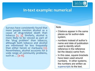 Surveys have consistently found that
more people mention alcohol as a
cause of drug-related death than
tobacco [2, 3]. Similarly, alcohol is
more likely to be viewed as part of
the ‘drug problem’ than tobacco,
although both tobacco and alcohol
are mentioned far less frequently
than either heroin or marijuana [2].
Nevertheless, alcohol accounts for a
wide range of community problems,
such as … [4–6].
In-text example: numerical
Note
• Citations appear in the same
places as for author-date
system,
• numbers instead of author’s
name and date of publication
used to identify which
reference in the reference
list the idea(s) came from.
• In this case, square brackets
have been used around
numbers. In other systems,
the numbers are written as
superscripts to the text.
 