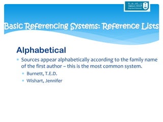 Alphabetical
 Sources appear alphabetically according to the family name
of the first author – this is the most common system.
 Burnett, T.E.D.
 Wishart, Jennifer
Basic Referencing Systems: Reference Lists
 